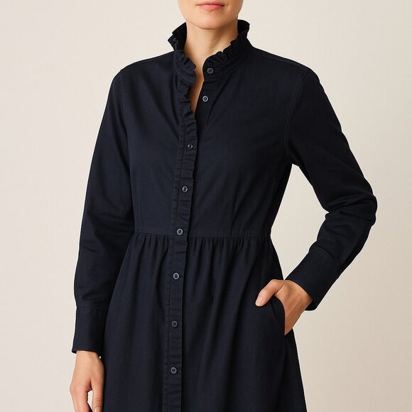 COS Dark Navy Blue Long Shirt Dress | EU34 ~ M | Ruffled Collar | Heavy Cotton - Picture 1 of 6